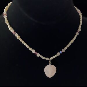 Necklace Pink & White Glass Freshwater Pearl Rose Quartz Heart Custom Bridal 14”